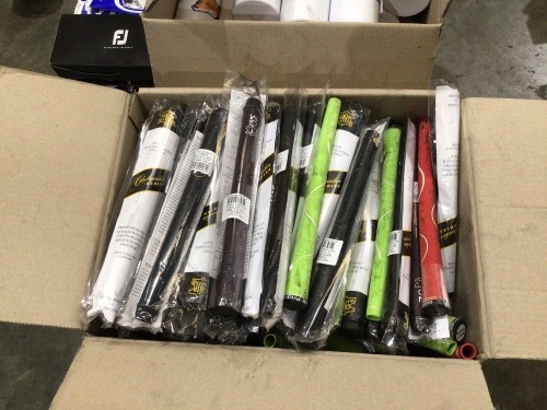 Pallet of assorted golf proshop gear including box of Volvik Marvel limited edition 3 piece premium ball packs, 30+ stainless steel shafts of various grades, box of grips including Grip Master and Golf Pride, box of TecFlex and FJ gloves, box of fox water
