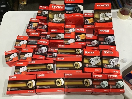 Box of Ryco oil filters various sizes, fuel filters etc. Please refer to images of items.
