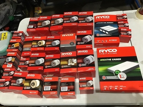 Box of Ryco oil filter various sizes, fuel filters etc. Please refer to images of items.