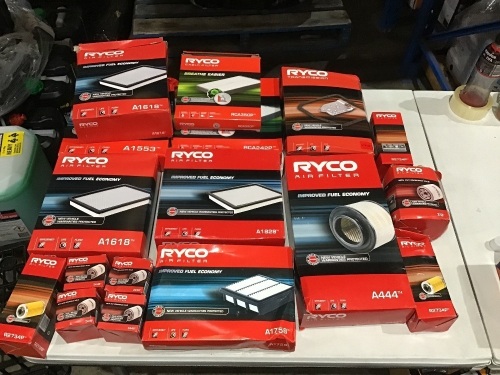 Box of Ryco air filters, oil filters etc. Please refer to images of items.