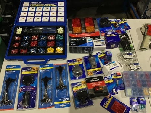 Box of Narva terminals sets, halogen globes, battery maintenance and trailer connectors. Please refer to images of items.