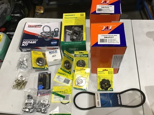 Box of starter motors, thermostats, radiator caps, etc. Please refer to images of items.