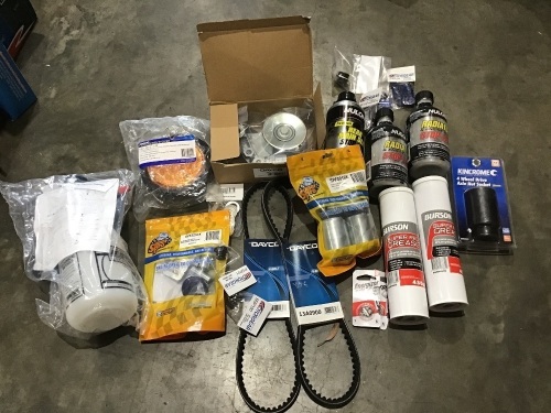 Box of v belts, grease, radiator and engine stop leak, led lighting system, suspension parts etc. Please refer to images of items.
