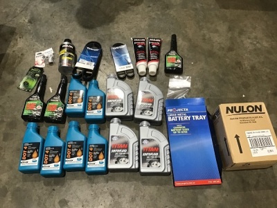 Box of Dot 4, Titan Sintofluid, v belts, engine oil flush, etc. Please refer to images of items.