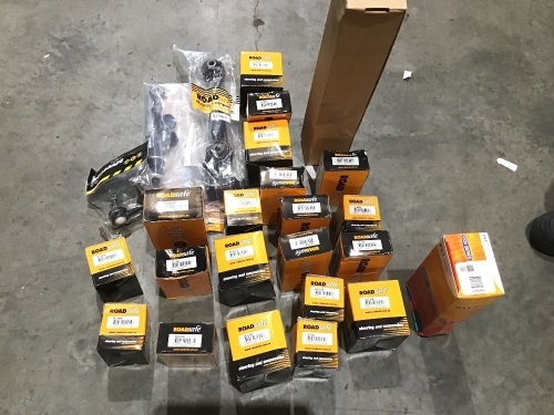 Box of steering and suspension accessories. Please refer to images of items.