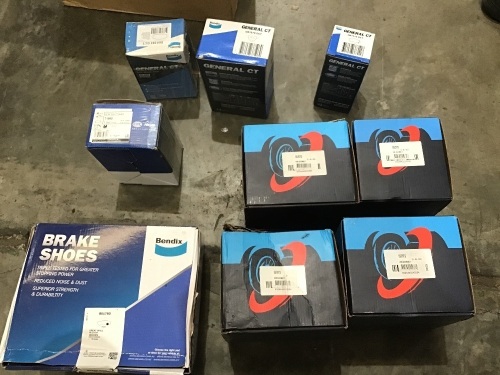 Box of hub assembly kits, brake shoes, and pads. Please refer to images of items.