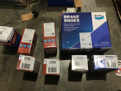 Box of brake shoe kits, and pads. Please refer to images of items.