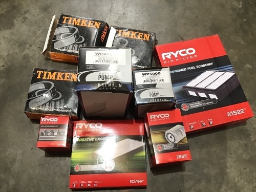 Box of water pumps, tapered roller bearings, Ryco filter/ air filters. Please refer to images of items.