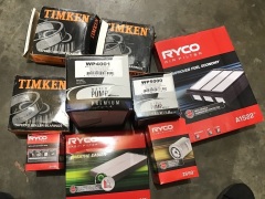 Box of water pumps, tapered roller bearings, Ryco filter/ air filters. Please refer to images of items. - 2
