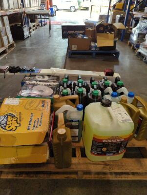 Bulk pallet of Burson oil, coolant, Penrite oil, Chemtech heavy duty degreaser, disc break rotors, trailer board. Please refer to images of items.