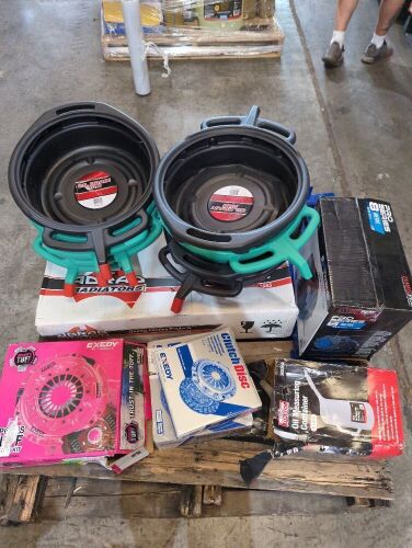 Bulk pallet of oil drain pans, radiator, air hose reel, clutch Kit. Please refer to images of items.