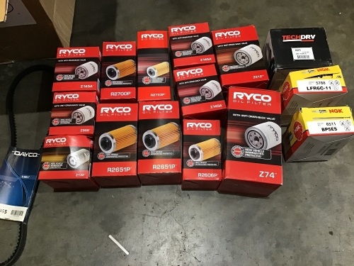 Box of Ryco oil/air filters, spark plugs, v belts. Please refer to images of items.