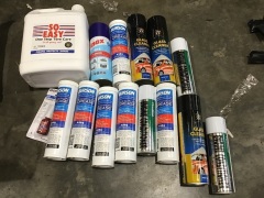 Box of glass cleaner, tyre care, grease and engine conditioner. Please refer to images of items.