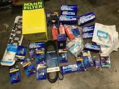 Box of automotive bulbs, v belt, manifold set, trailer connector etc. Please refer to images of items.