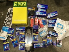 Box of automotive bulbs, v belt, manifold set, trailer connector etc. Please refer to images of items. - 2