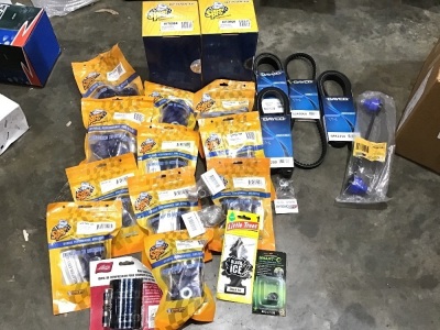 Box of v belts, and suspension bush kits etc. Please refer to images of items.