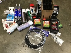 Box of oils, glass cleaners, radiator and cooling system oil remover, engine conditioner etc. Please refer to images of items.