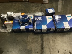 Box of brake shoes, brake pads, spark plugs etc. Please refer to images of items. - 2