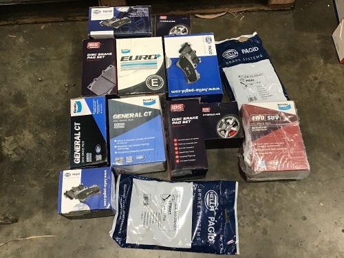 Box of mixed brake pads etc. Please refer to images of items.