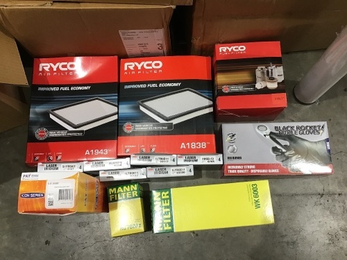 Box of Ryco air filters, spark plugs, ignition leads, black gloves etc. Please refer to images of items.