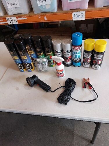Box of assorted auto spray products including Tyre Shine, Silicone spray, engine enamel, mass air flow, yellow touch up paint, Fertan rust converter Redline vapour fluid, battery terminal torch. Please refer to images of items.