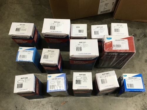 Box of brake disc pads etc. Please refer to images of items.
