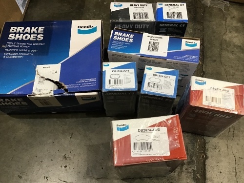 Box of brake shoes, heavy duty pads, etc. Please refer to images of items.