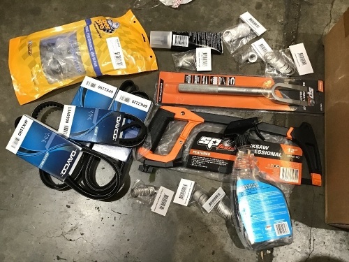 Box of airfilter, glass cleaner, hacksaw, v belts, washers and sway bar links. Please refer to images of items.