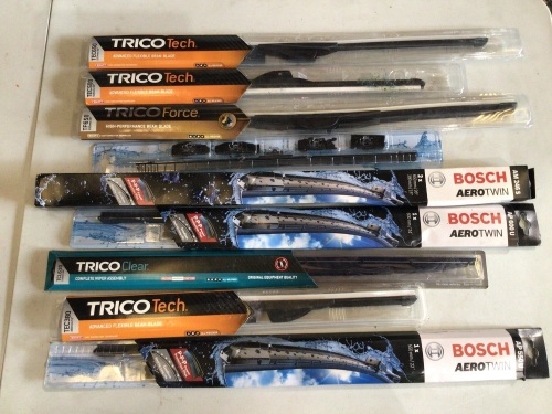 Box of assorted wiper sets, including Trico and Bosch brands. Please refer to images of items.
