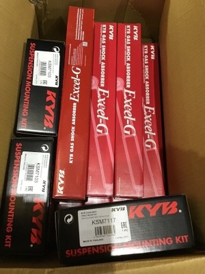 Box of strut mount kits, and KYB gas shock absorbers. Please refer to images of items. 