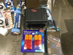 Box of auto tester, battery charger, pro tyre tool, microfibre cloth. Please refer to images of items. - 2