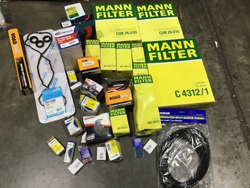 Box of air filters, steering rack boot kits, rocker cover etc. Please refer to images of items.