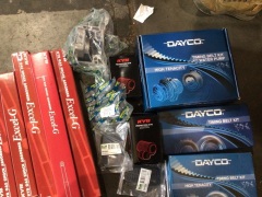 Box of timing belt kits protection kits and other car products. Please refer to images of items. - 2