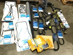 Box of v belts, hose and oil pans set, battery tester and electrical tester. Please refer to images of items.