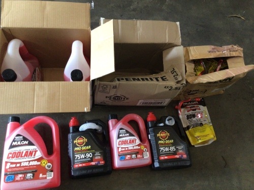 Box of coolants and engine oils. Please refer to images of items.