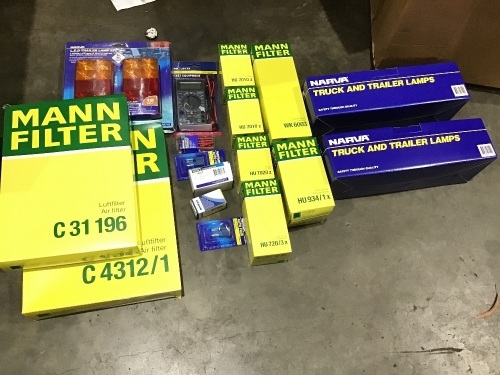 Box of truck and trailers oil filter/air filter, led trailer lamp, test equipment. Please refer to images of items.