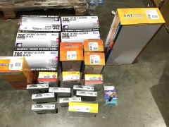 Box of black gloves, ignition lead sets, fuel pump, and spark plugs. Please refer to images of items. - 2