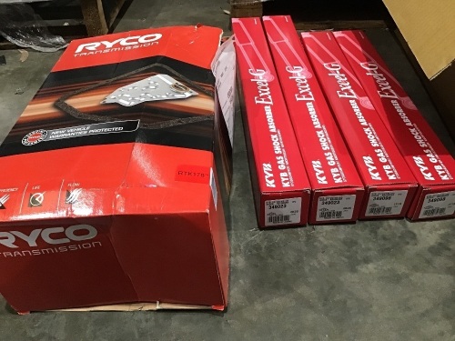 Box of gas shock absorbers, Ryco transmission gaskets etc. Please refer to images of items.
