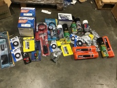 Box of wheel brace, sealed beam lights, trim and clip, whammy, paint, silicone spray, tyre inflator etc. Please refer to images of items. - 2