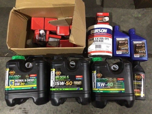 Box of assorted motor oil, grease, power steering fluid in Penrite, Burson brands, and 9 x Ryco oil filters. Please refer to images of items. 