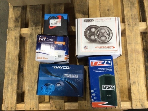 Box of timing belt kit, LED headlight, hub assembly, air dryer cartridge, ignition coil, refer to images for model numbers and brands. Please refer to images of items.