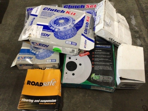 Box of clutch, disc break rotors, steering and suspension, water pump, lock & yoke kit. Please refer to images of items.