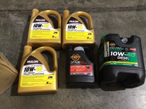Box of Nulon and Penrite oil / diesel. Please refer to images of items.