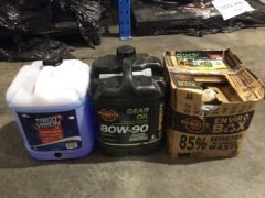 Box of gear oil, diesel and windscreen washer (Penrite, Trico). Please refer to images of items.