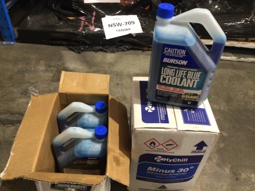 Box of Hychill hydrocarbon refrigerant and Burson coolant. Please refer to images of items.