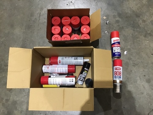 Box of assorted auto sprays including Inox MX3 and CRC 808 silicone. Please refer to images of items.