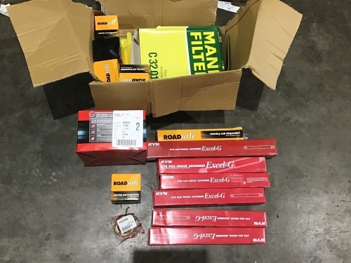 Box of assorted suspension parts and filters, refer to images for more detail. Please refer to images of items.