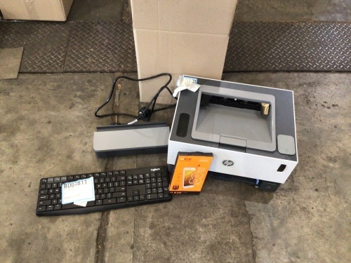 Box of 1 x HP 1001NS Laserjet Printer, 1 x Logitech Keyboard (No Dongle), 1 x Screen Protector for iPhone 8