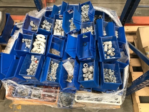 Assorted electrical pvc & metal glands, plugs, elbows and fittings majority in Fischer storage tubs