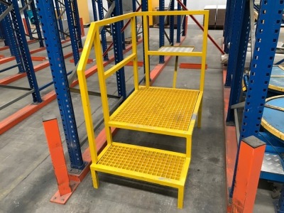 Steel fabricated platform with treadmesh step and floor and handrail